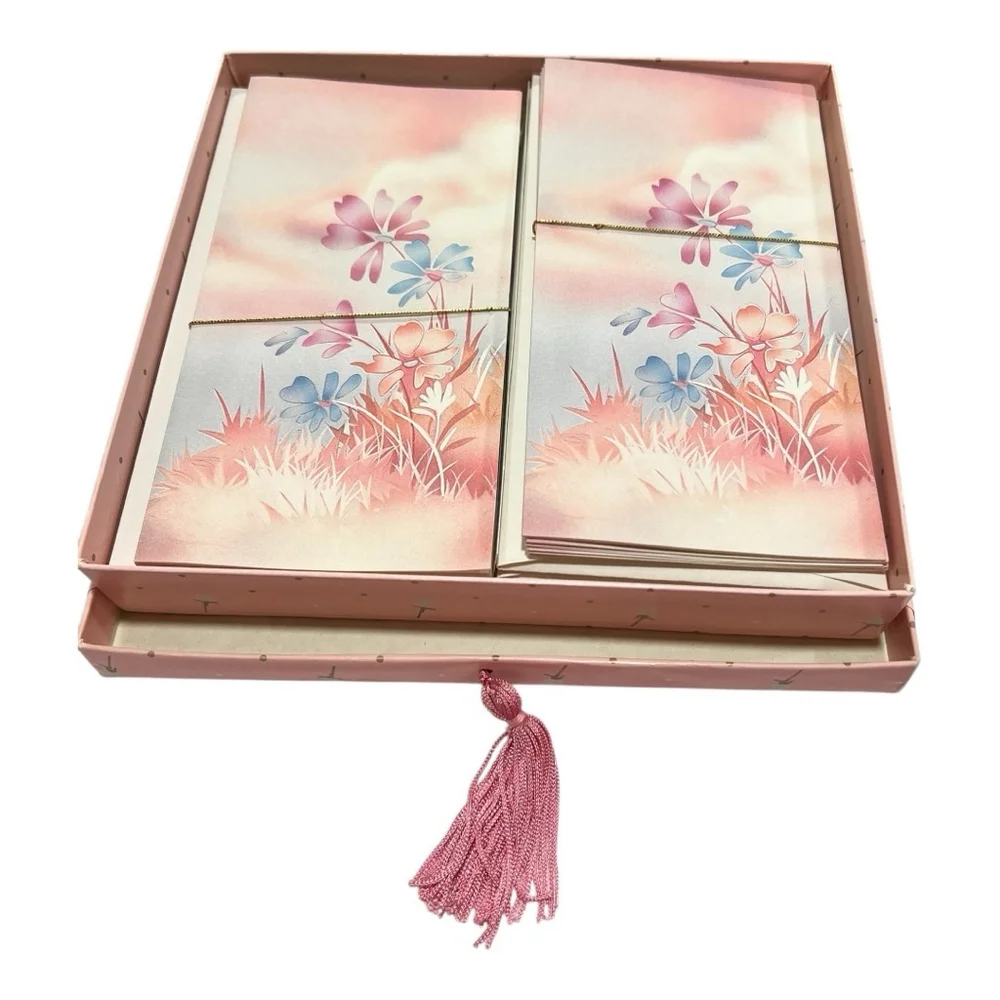 Vintage Harrods Waverley Stationery Box Set Pink Tassel Cards & Envelopes #4017
